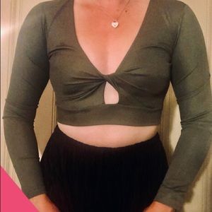Long Sleeved Green Crop Top with Front Detailing